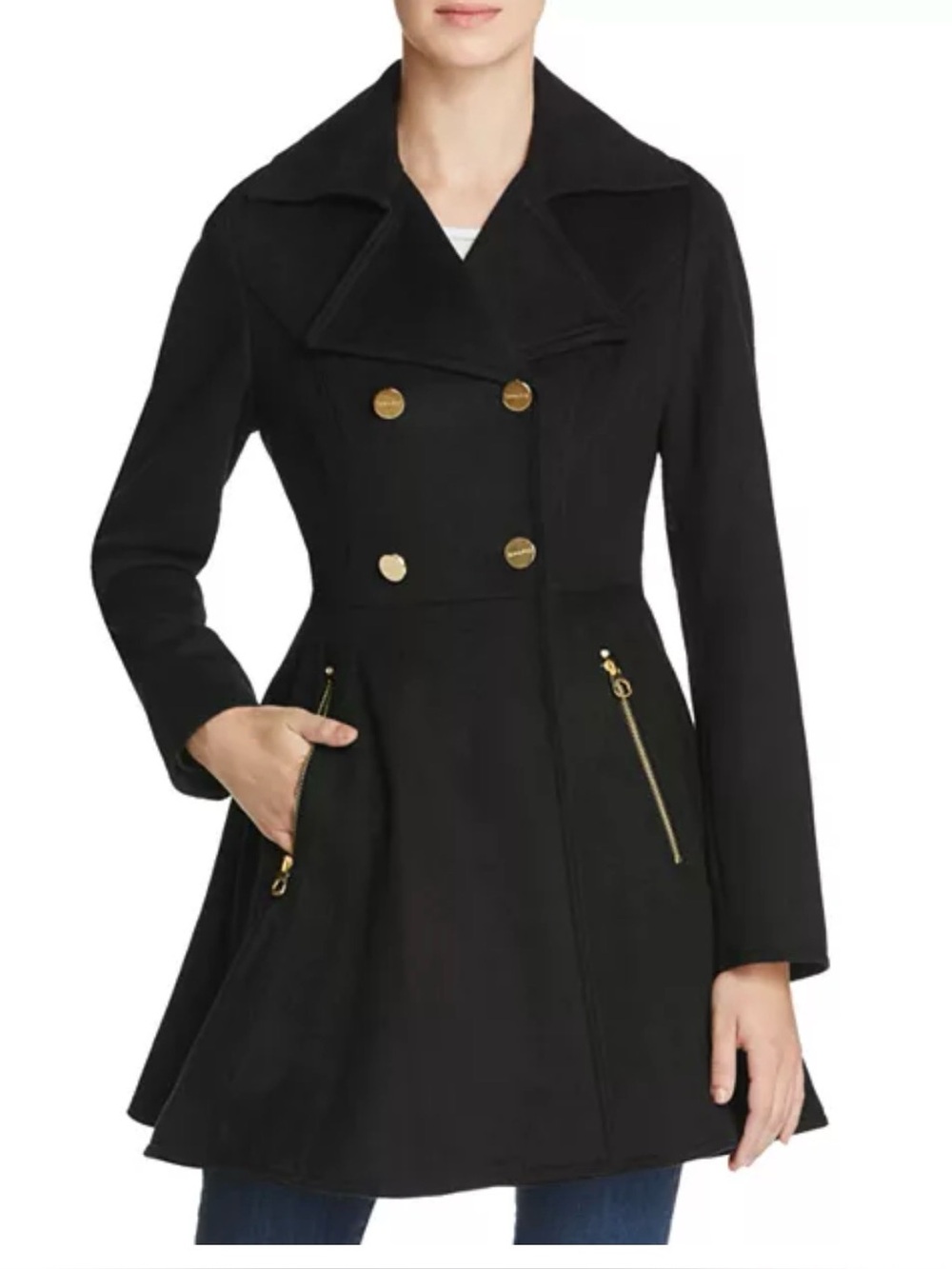 Liz Claiborne Black Double-Breasted Peacoat with Gold Accents & Scarf Size Large